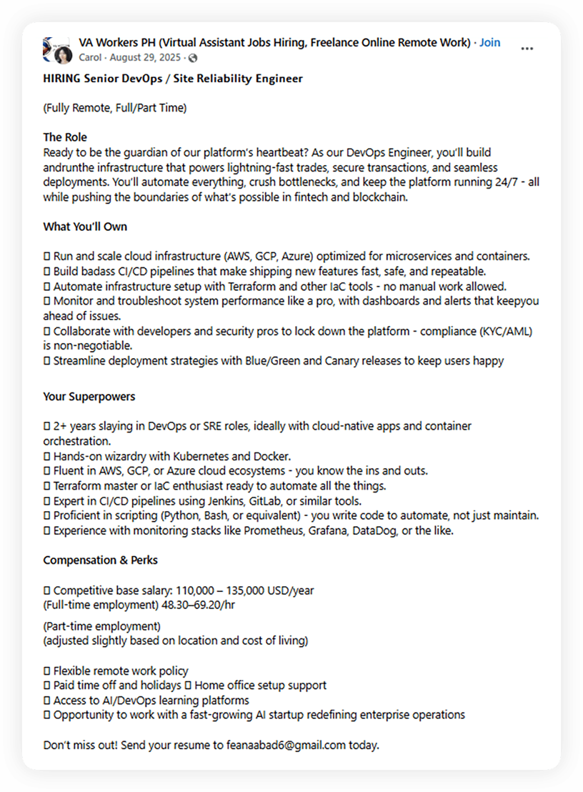 Advertisement for a fake job position at Veltrix Capital posted on Reddit