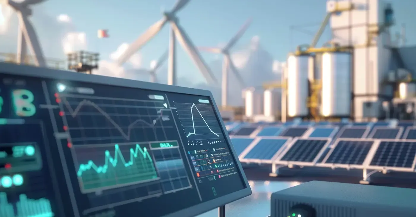 industrial skyline with computer screen in the foreground