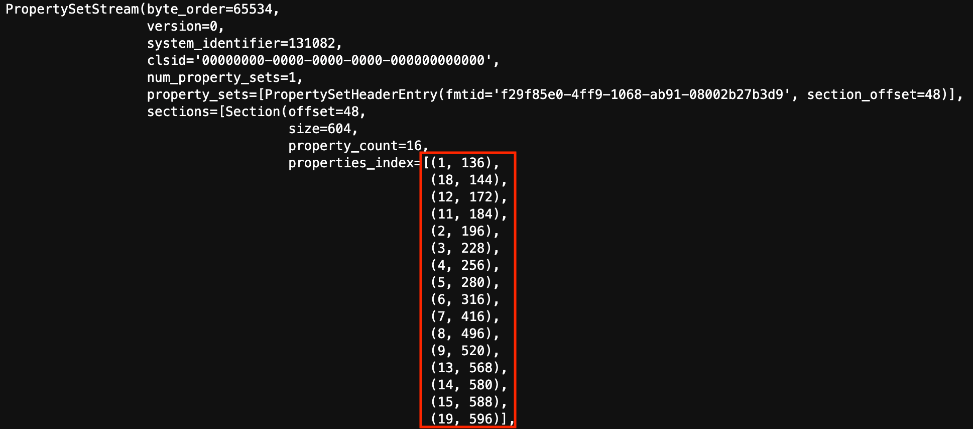 SummaryInformation stream in a malicious installer showing the order of properties