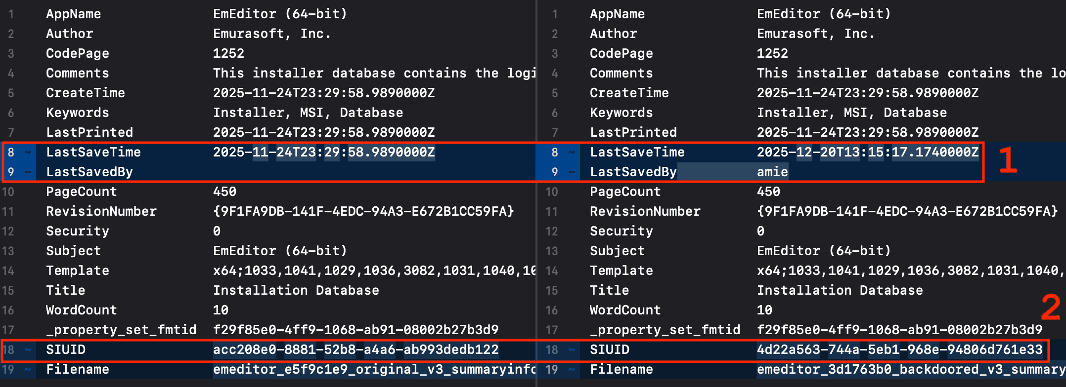 Comparison of sorted properties in the main SummaryInformation stream