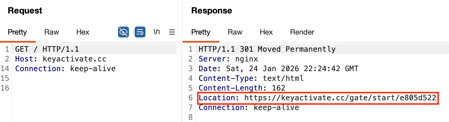 HTTP redirect pointing to PowerShell stager entrypoint URL