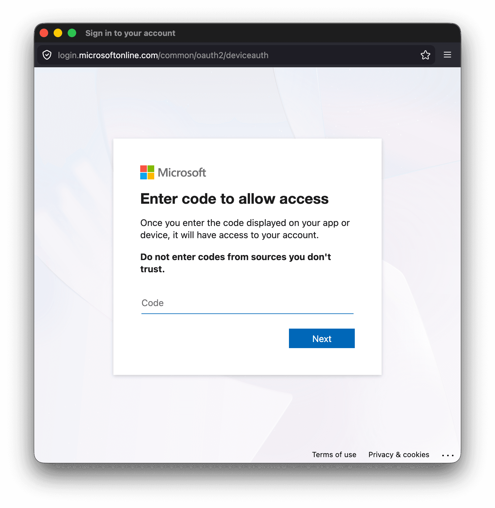Device code phishing ms login