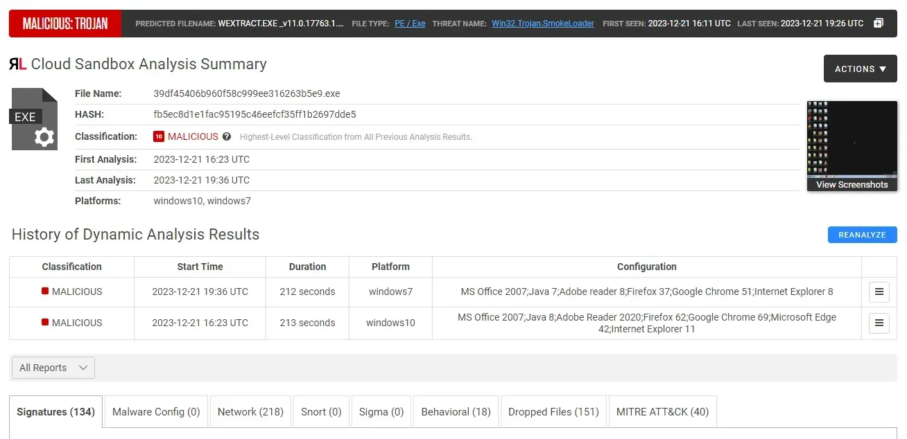 display of RL Cloud Sandbox Analysis Summary