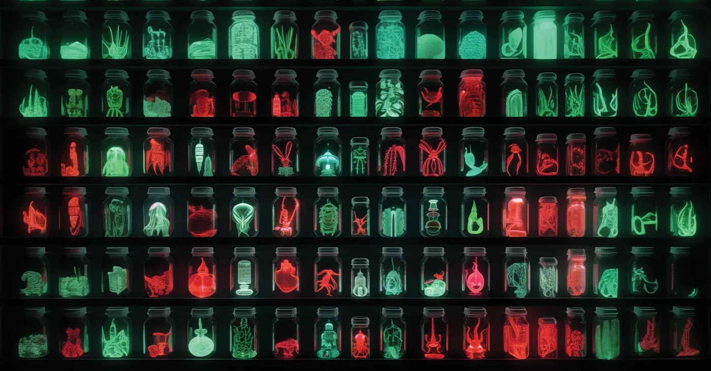 red and green vials with insect and plant specimens