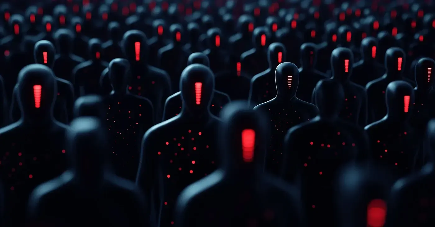 ominous army of faceless figures with glowing red exclamation points