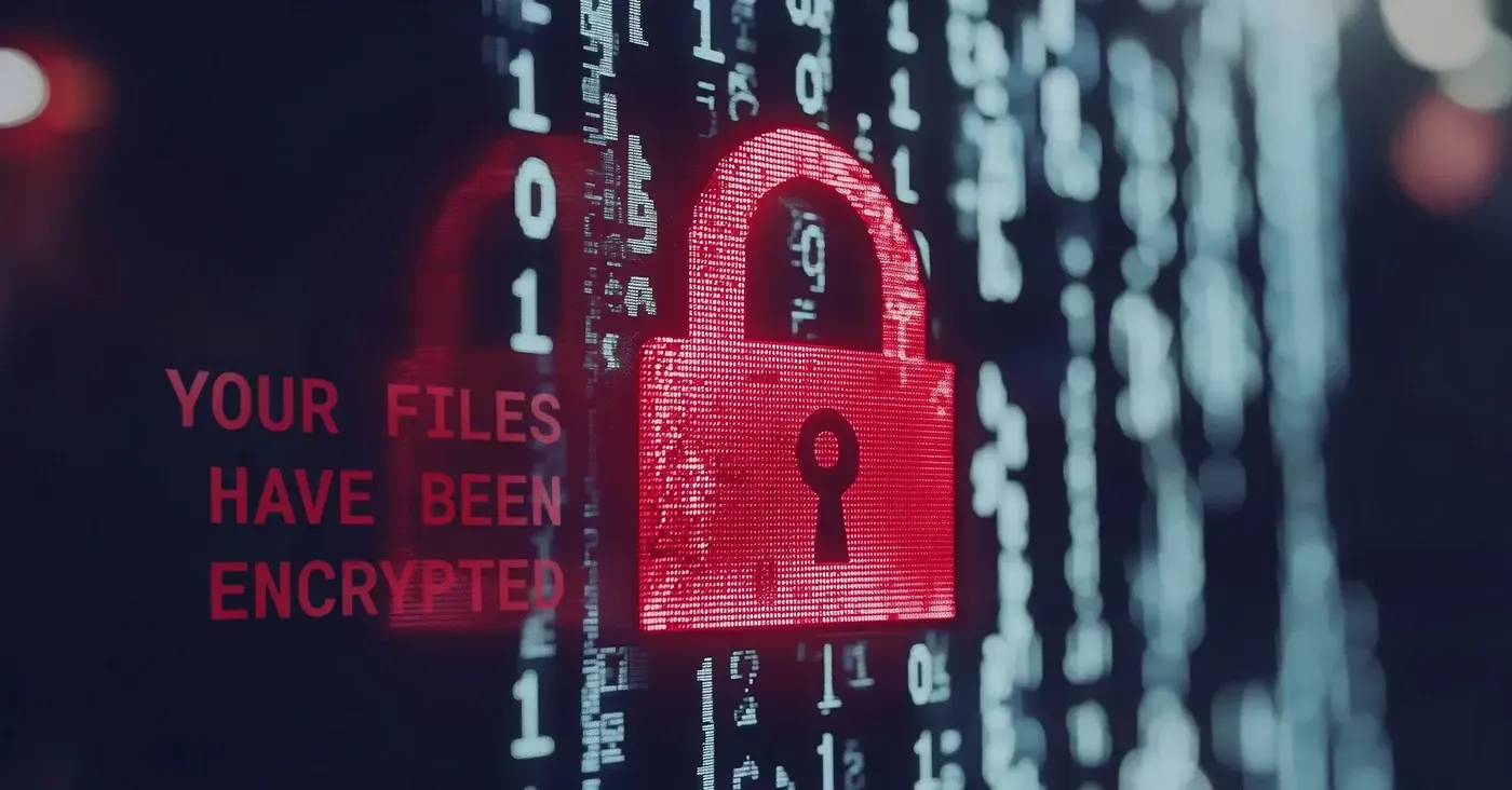 glowing red lock icon announcing "Your Files Have Been Encrypted"