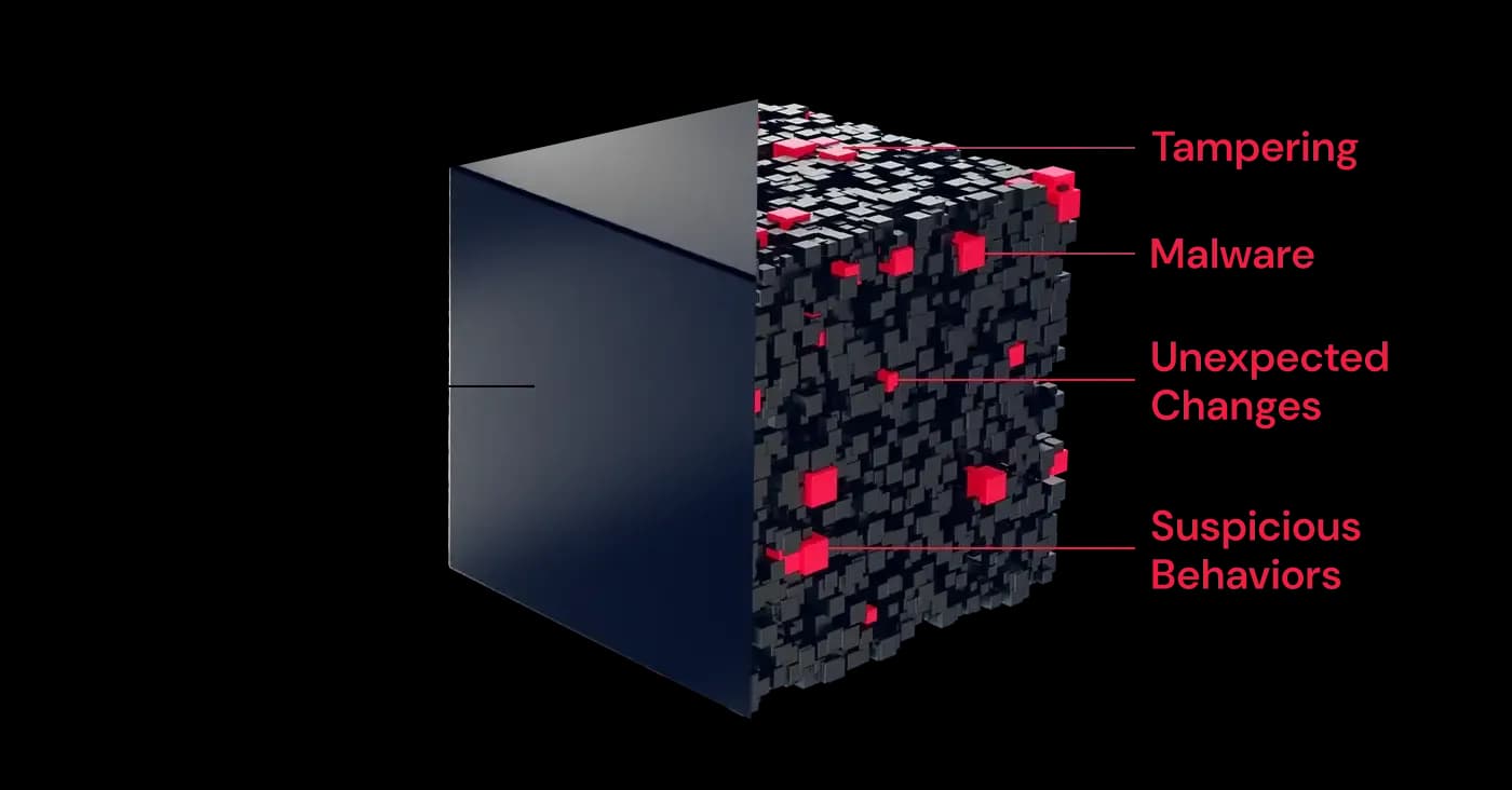black cube split open to reveal tampering, malware, unexpected changes, suspicious behavior