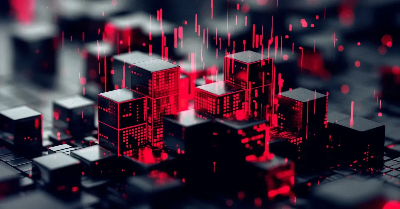 block city with red pixels ascending