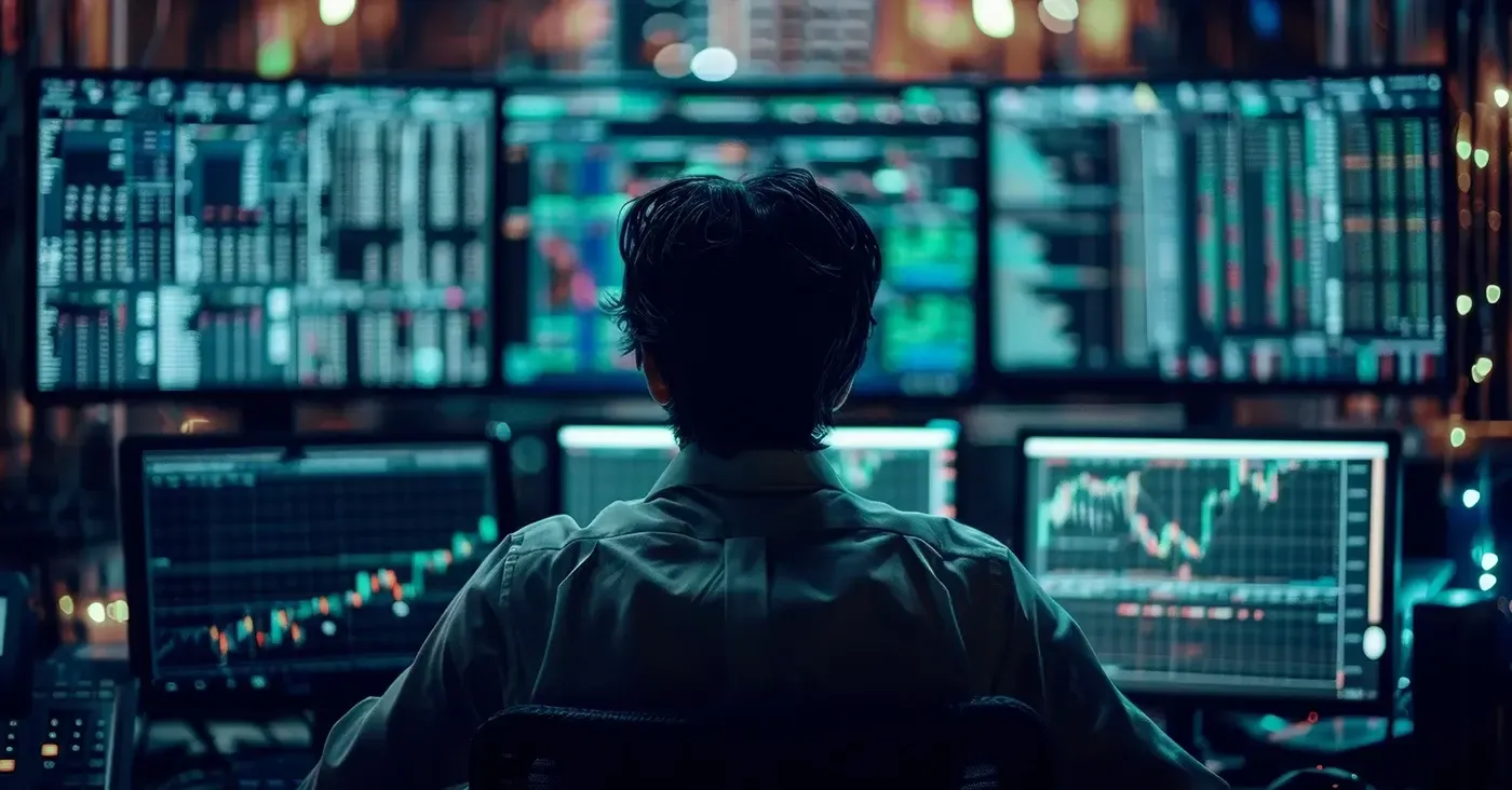 man looking at 6 monitors displaying different data