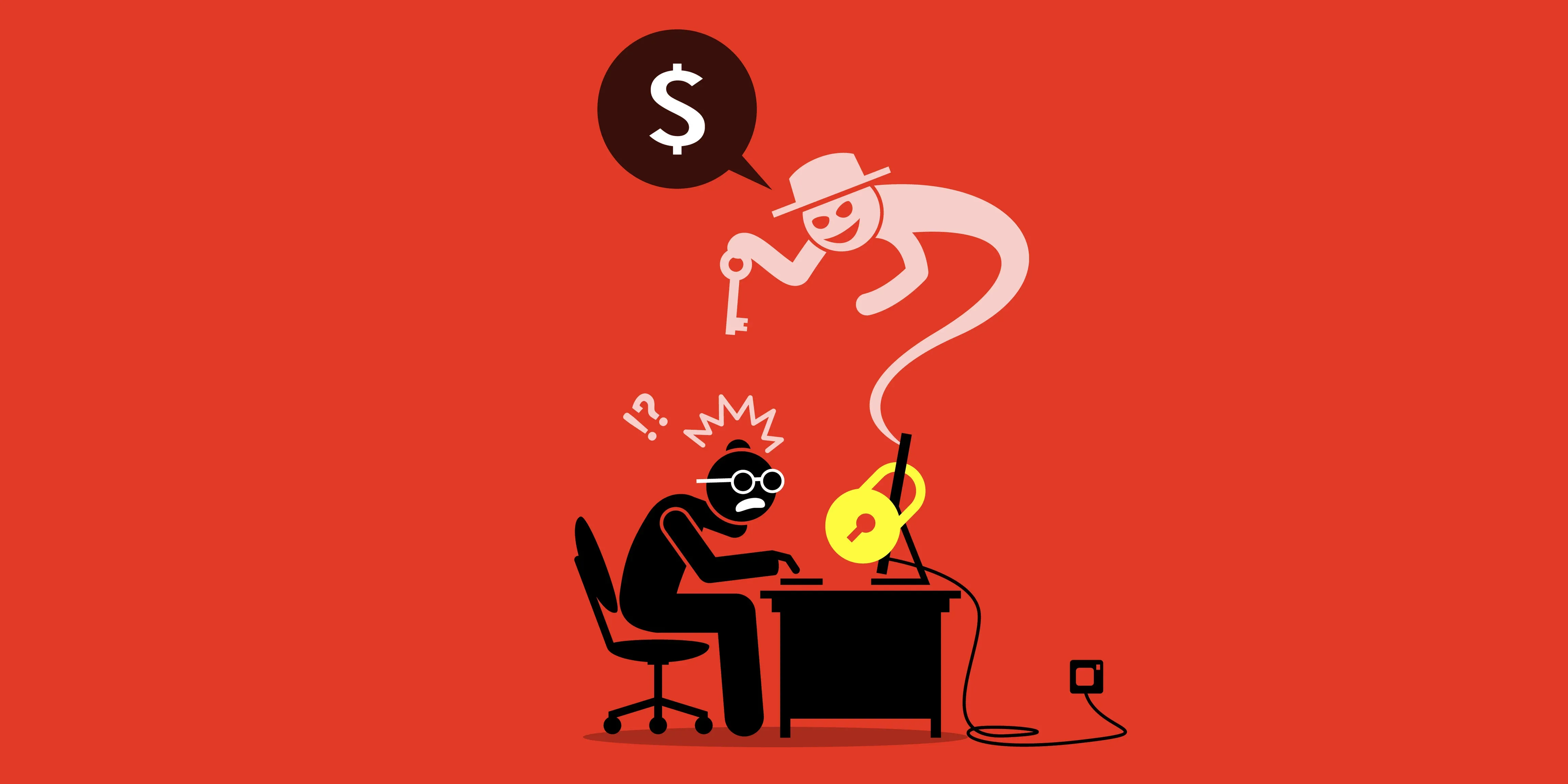 ghost coming out of computer tormenting man sitting at desk