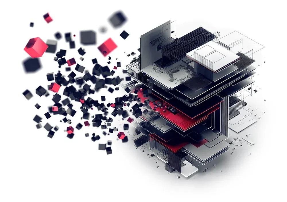 black and red cubes flying out of geometric stack