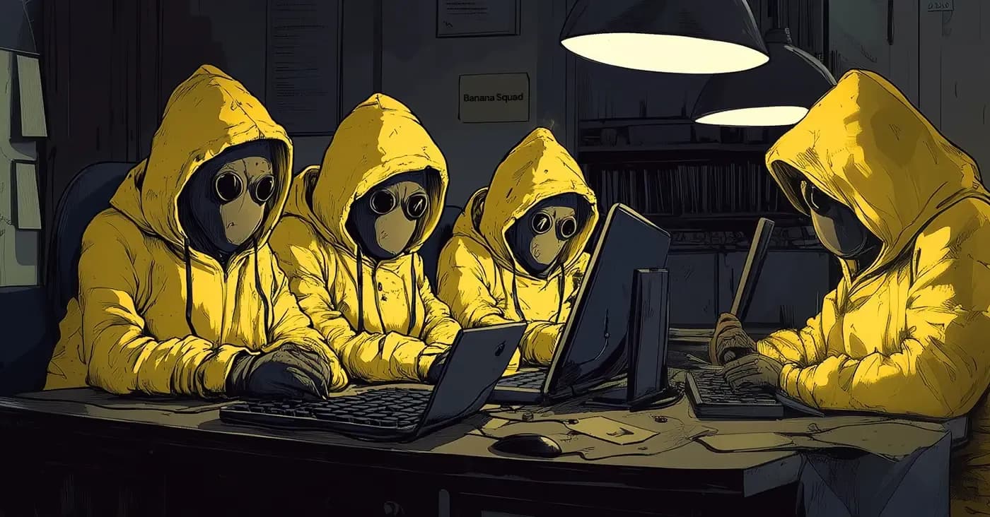suspicious group in yellow hoodies at laptops
