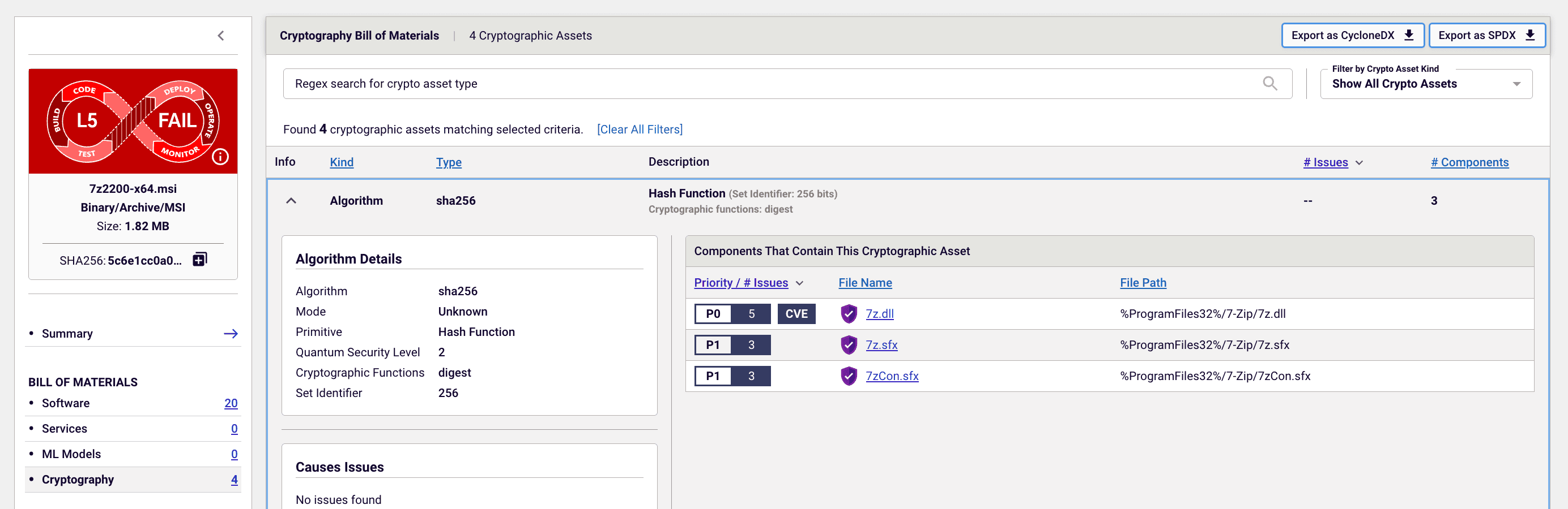 Spectra Assure SAFE Report, visualizing sample cryptographic assets discovered in software