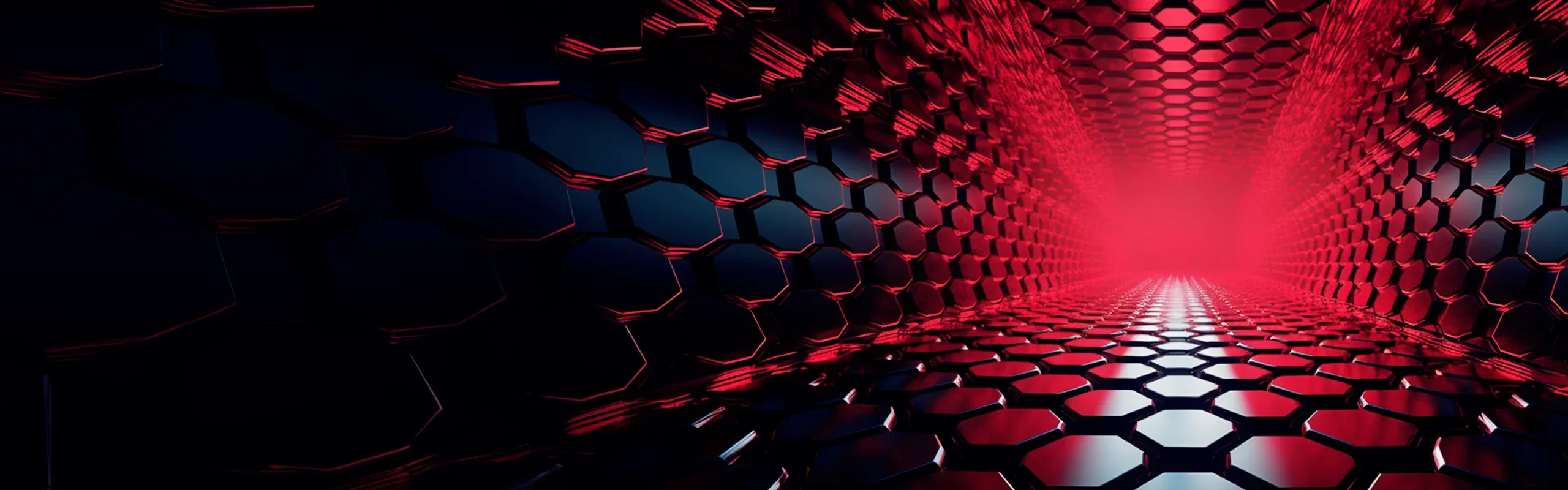 corridor of red and black hexagons leading to red glow