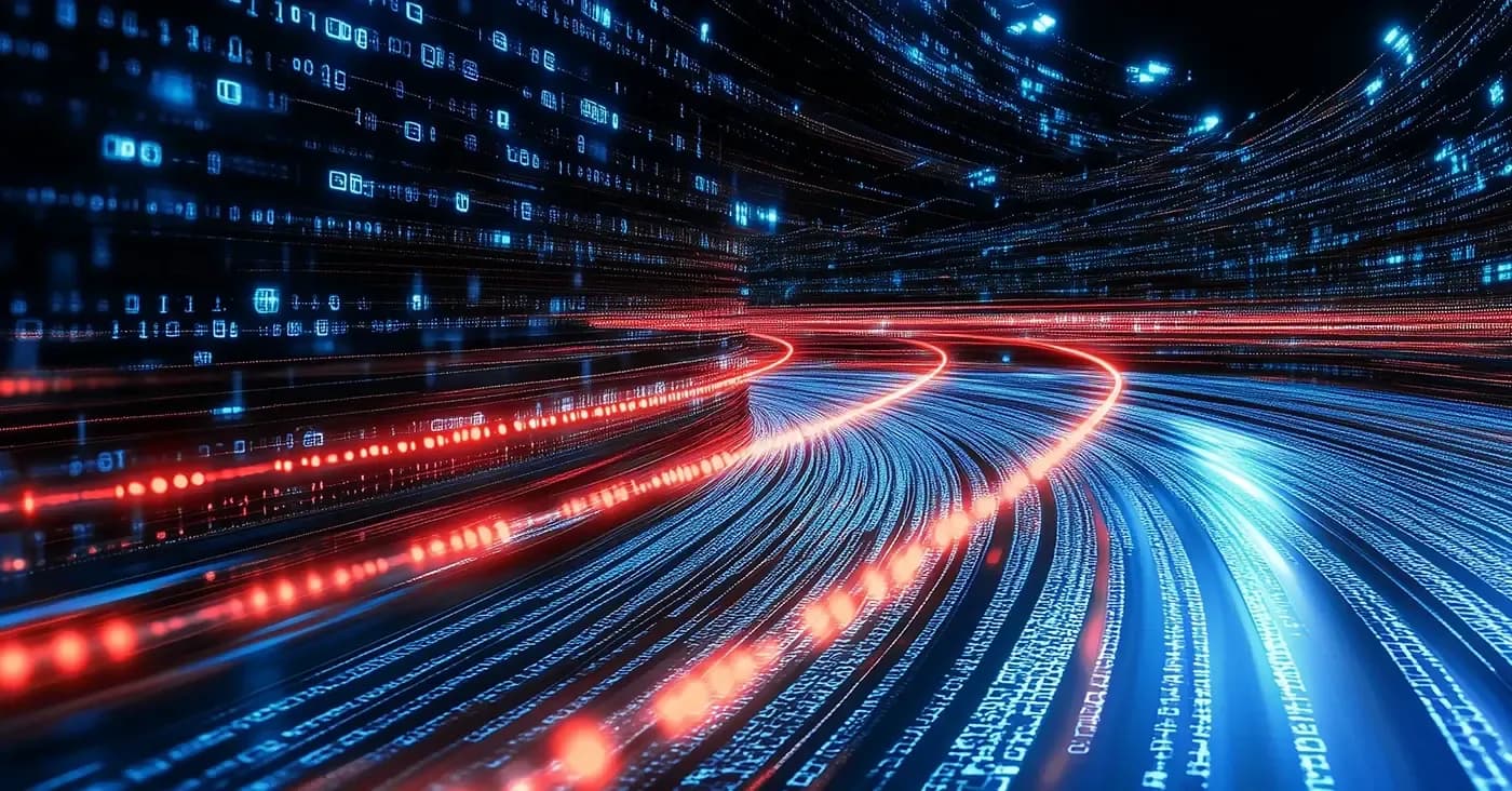 blurred red lines indicating traffic timelapse along AI city scape