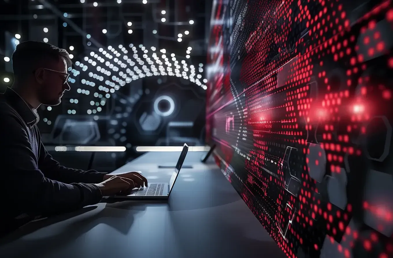 guy on laptop in front of high tech screen with red glowing boxes