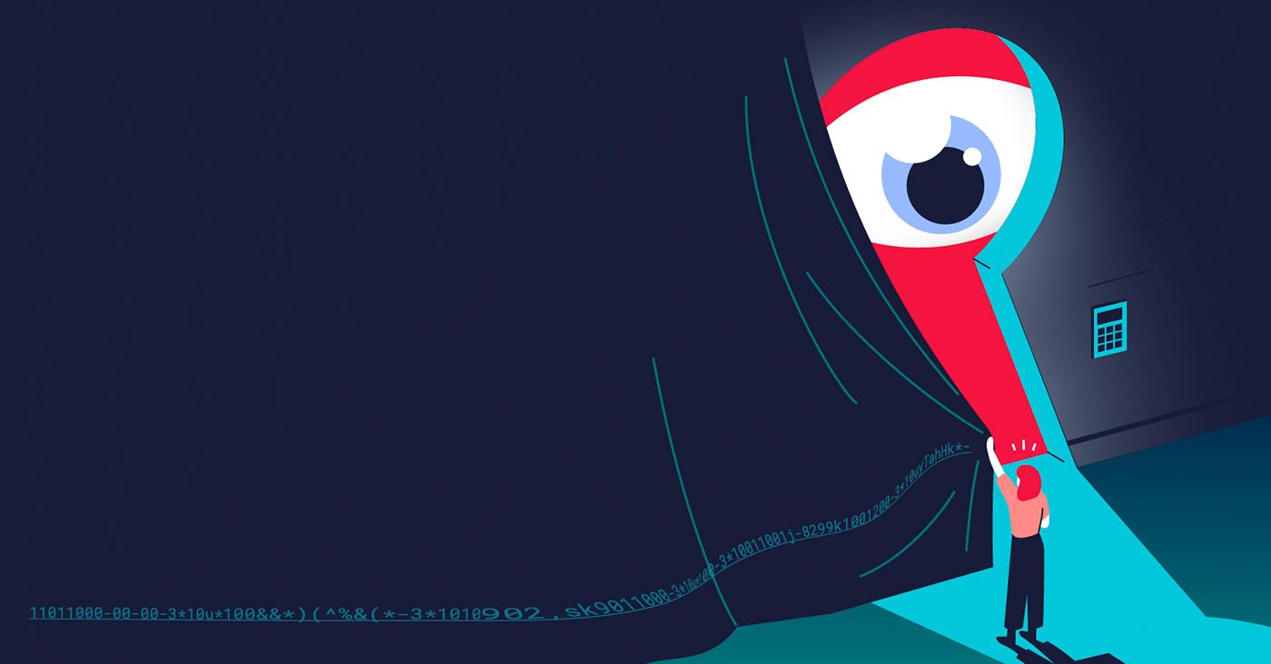 curtain pulling back to reveal eye peeking through keyhole