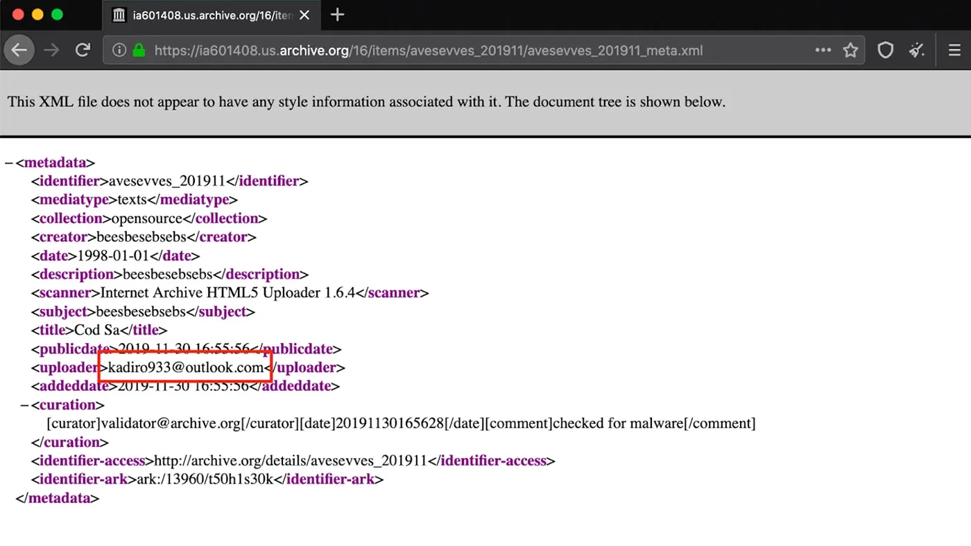Adversary Email Address in Upload Metadata