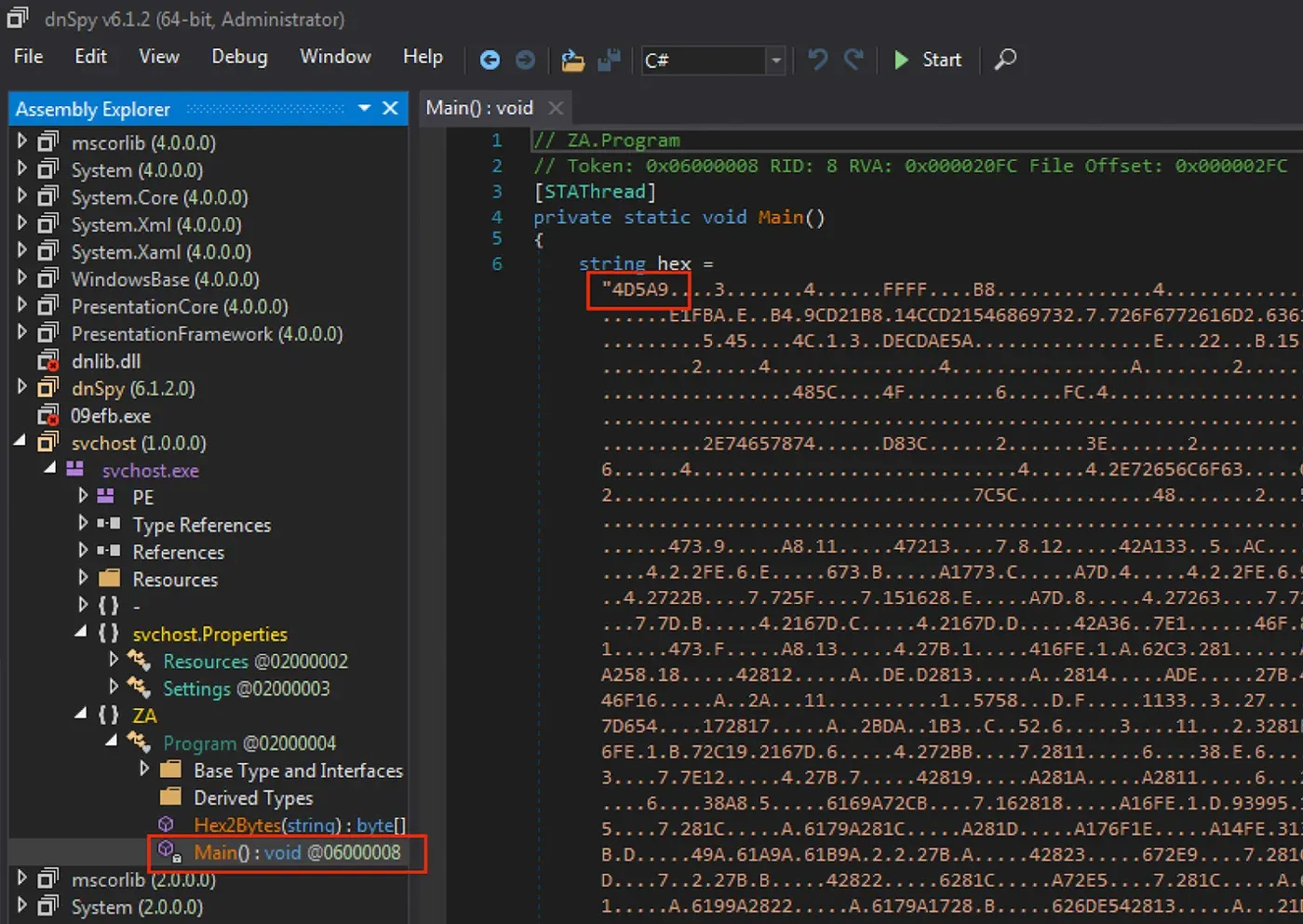 RevengeRAT Embedded in .NET Dropper with PE Magic Highlighted “4D5A”