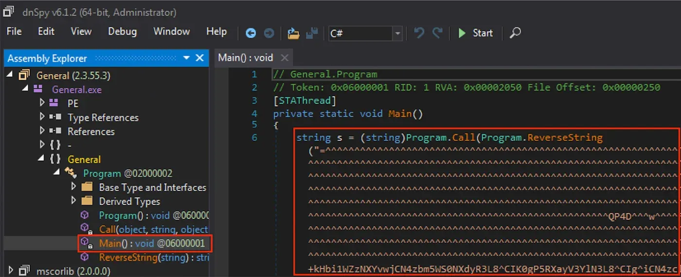 Figure 7: RevengeRAT Embedded in .NET Dropper as Reversed String