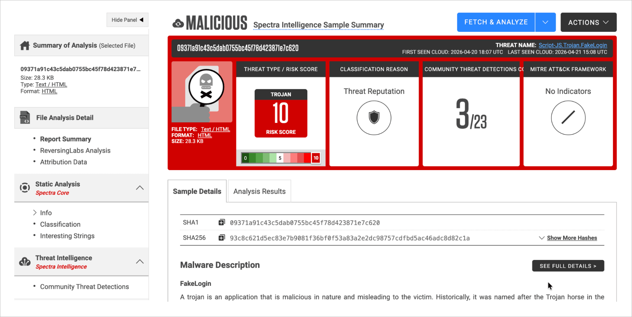 Sample screen, with the blue Fetch & Analyze button on the top right.