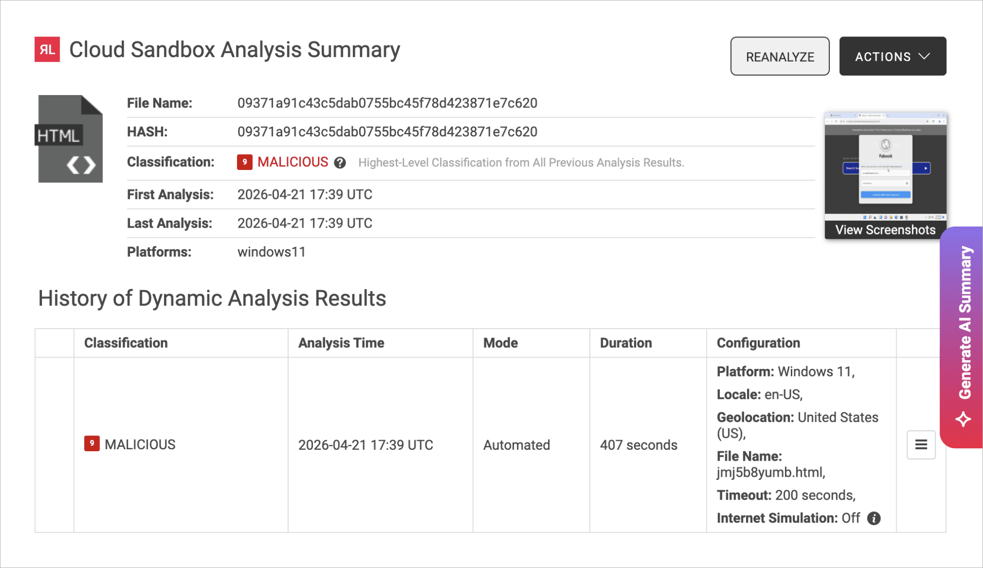 Cloud Sandbox Analysis Summary, with option to Reanalyze, View Screenshots, and perform other actions.