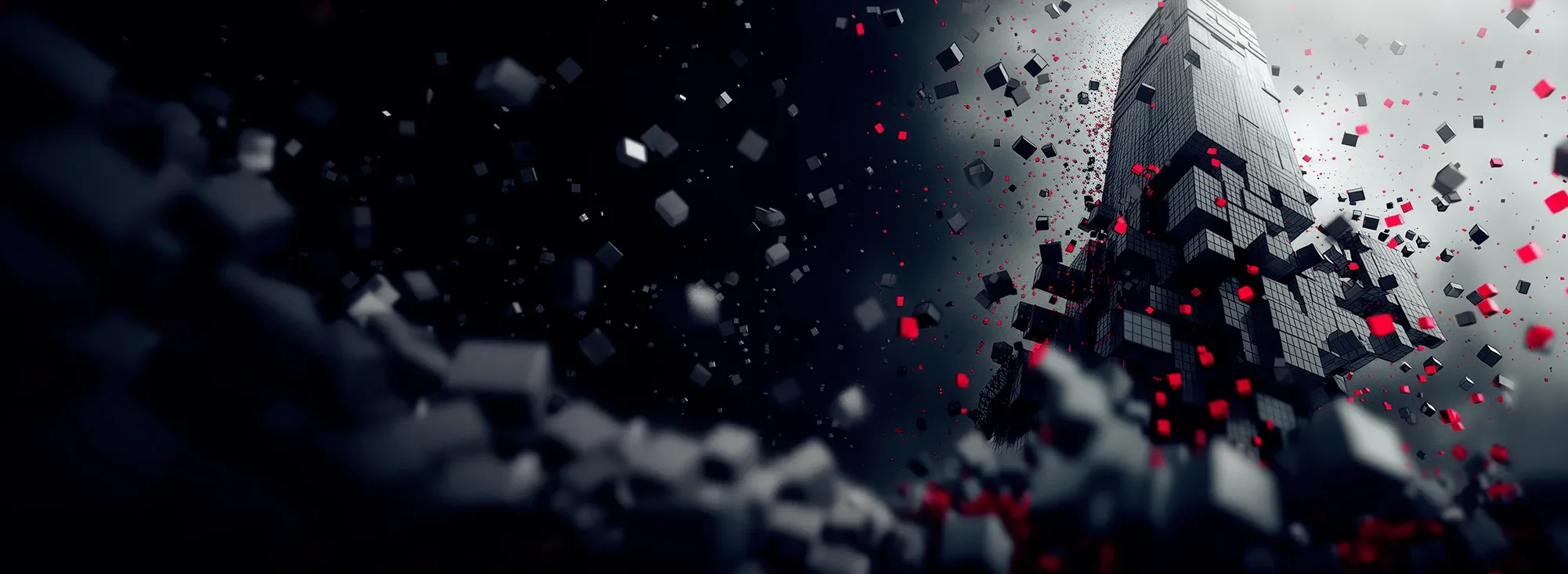 skyscraper made of black cubes with black and red cubes flying out if it