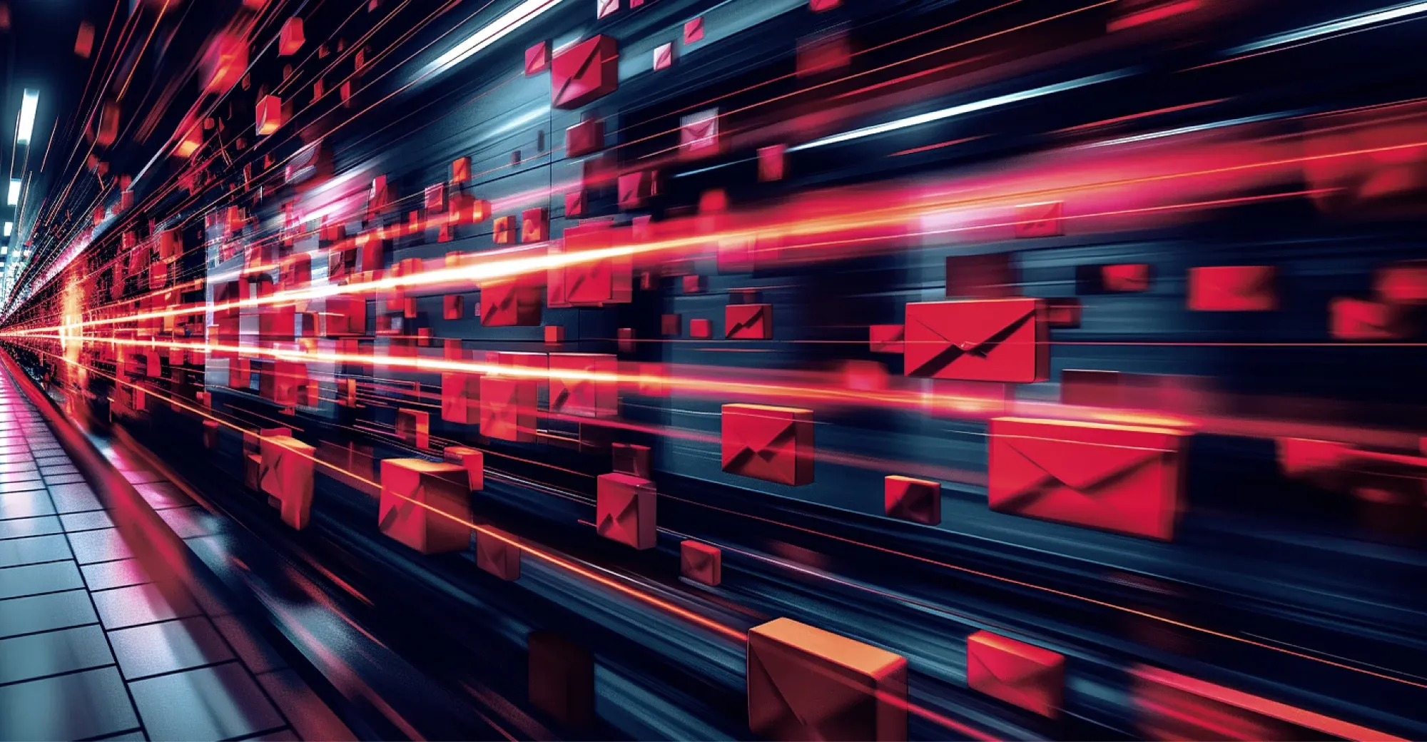 red email envelopes zooming down a hallway that kind of looks like a subway tunnel