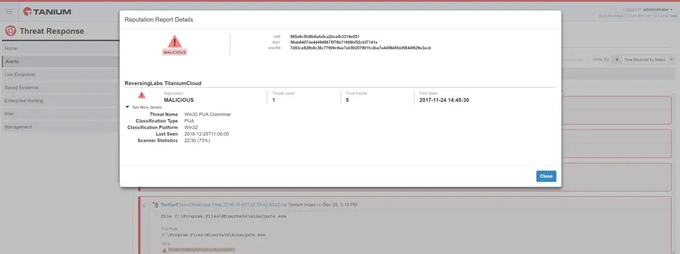 Screenshot of the Tanium Threat Response interface showing a malware detection report for a Win32.PUA.CoinMiner. The classification platform is Win32 with a trust level of 1 and a threat factor of 5. The alert references hashes and first seen timestamp of November 24, 2017.