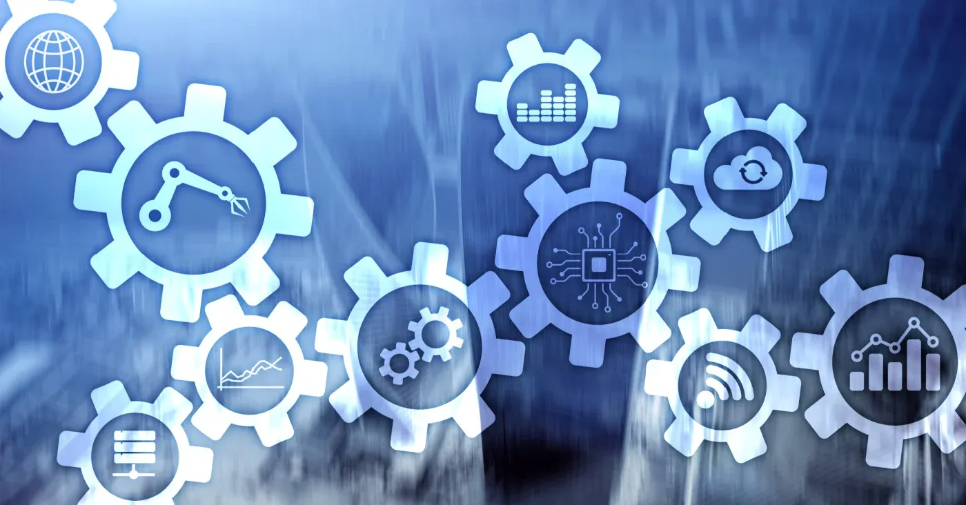 cogs with different web-related icons inside