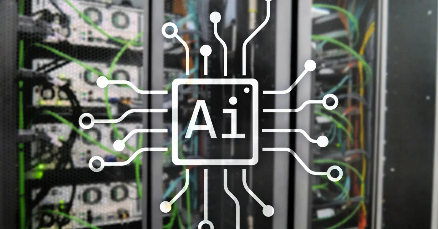 animated AI computer chip in server room