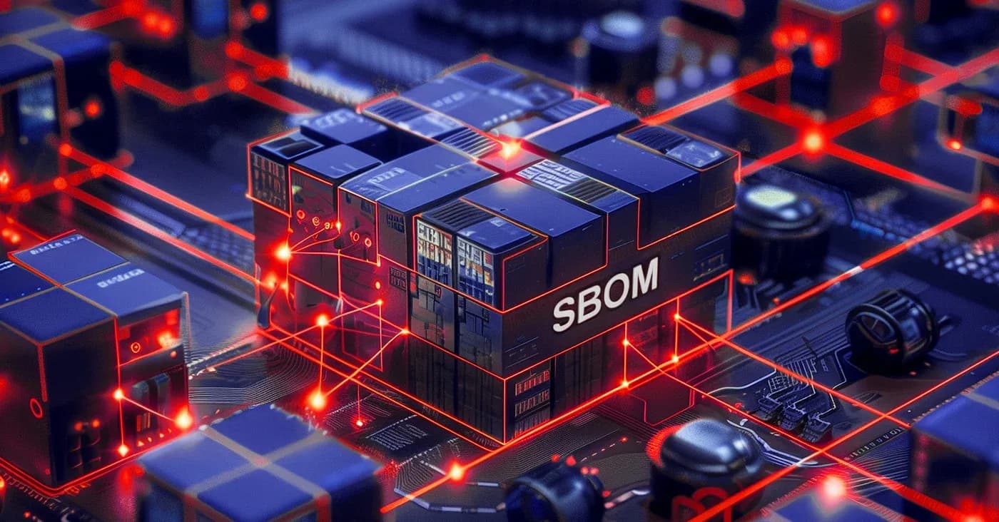 high tech block labeled SBOM in a red laser grid