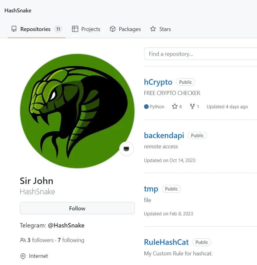 github homepage of HashSnake user