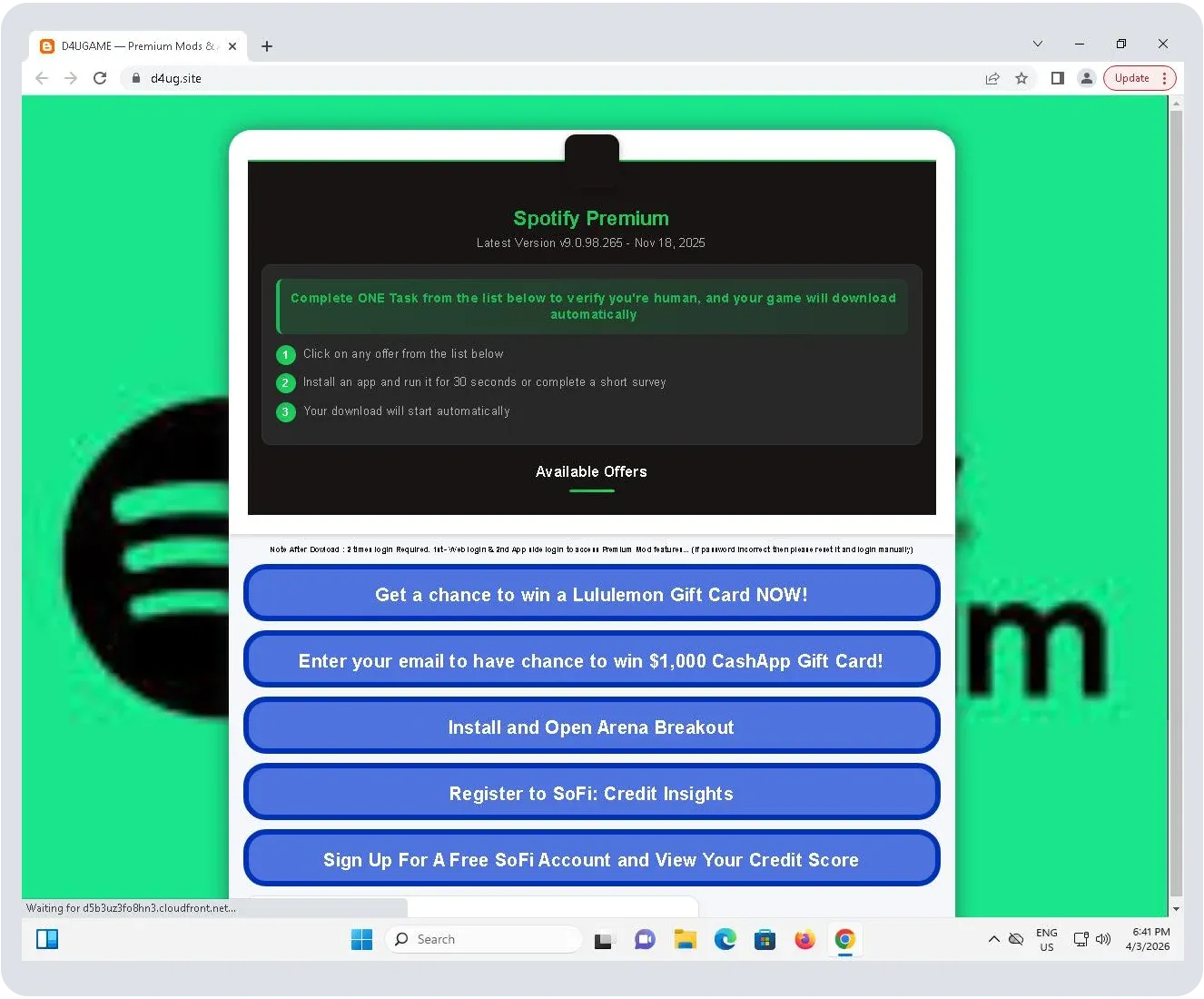 Download screen for Spotify Premium, with a list of 5 tasks to do to unlock the download.