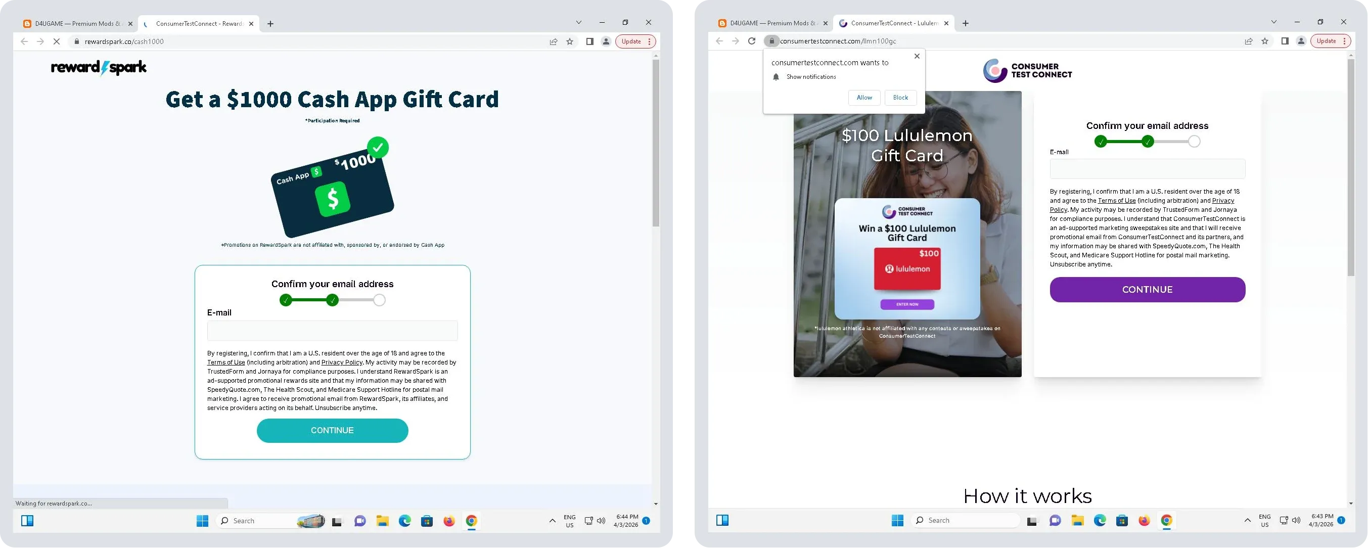 the first page of two surveys, advertising free gift cards.