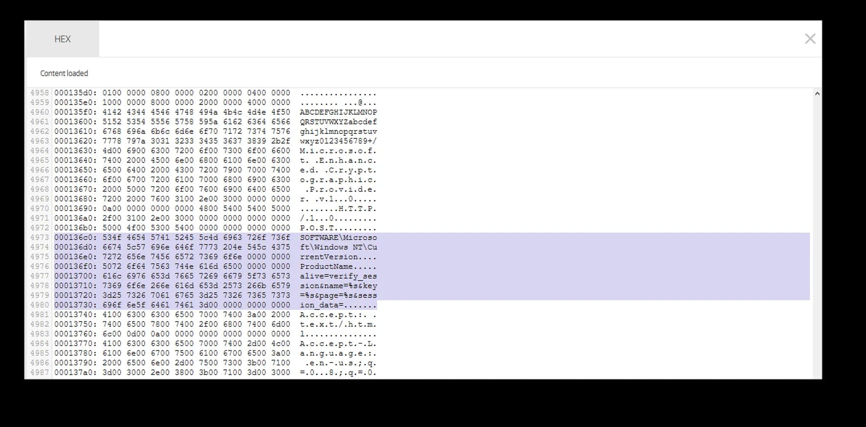 Hexadecimal view of a malware binary showing embedded strings referencing SOFTWARE\\Microsoft\\Windows NT\\CurrentVersion, indicating registry access, and POST request data including parameters such as verify_sessionname, key, page, and session_data—used for HTTP-based data exfiltration.