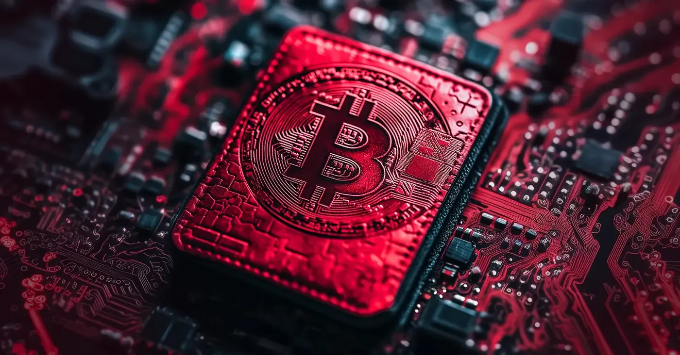 red microchip with bitcoin logo