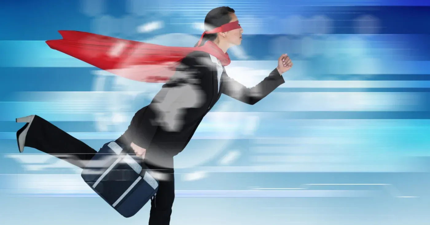 blindfolded person running with a briefcase