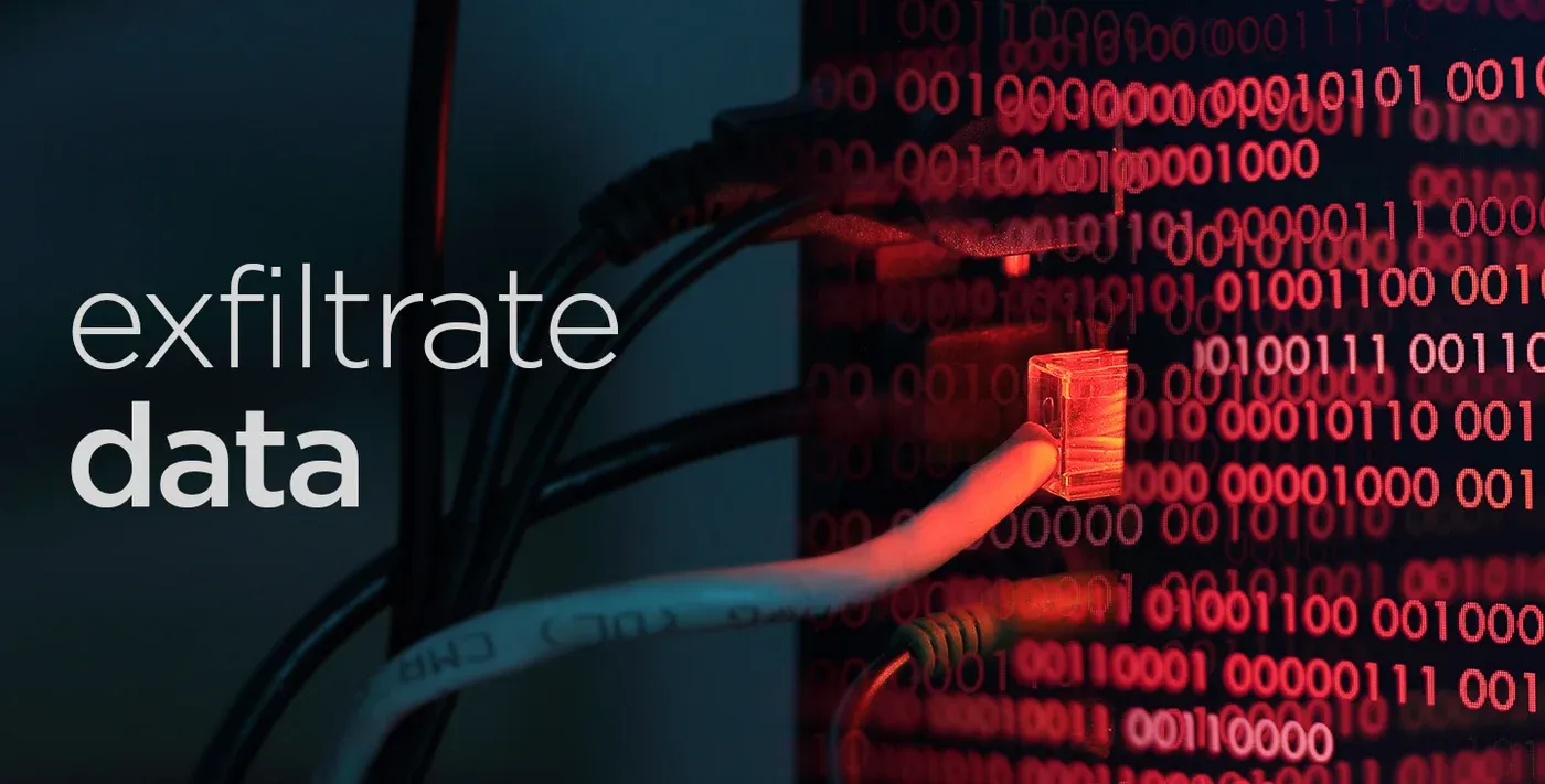 Visual representation of data exfiltration: A close-up of a glowing Ethernet cable plugged into a network switch, with red binary code (1s and 0s) overlaid on the right side. The word “exfiltrate” appears in white and “data” in bold light blue on the left, emphasizing unauthorized data transfer.