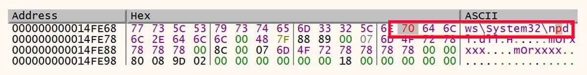 A hex dump showing the string "C:\Windows\System32\npdll" rendered in ASCII on the right side. The red rectangle highlights the ASCII string embedded in memory at a specified address.