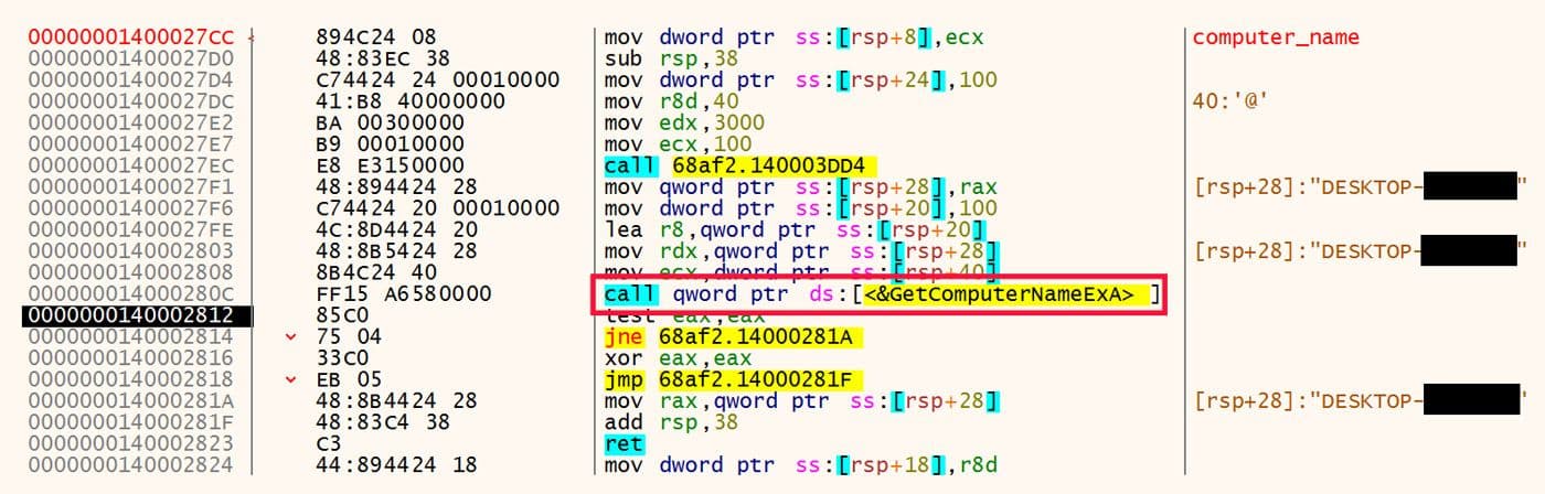 Decompiled code displaying a function call to GetComputerNameExA, with the resolved function highlighted in yellow and boxed in red. The right panel shows the ASCII output: the system name "DESKTOP-xxxxx" where part is redacted.