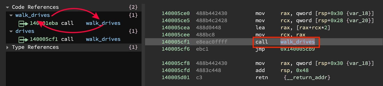 Code navigation view showing two calls to the "walk_drives" function, with arrows highlighting the recursive call relationship.