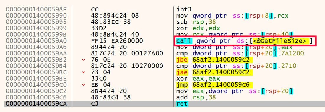 Disassembly view highlighting a call to the GetFileSize function. Code instructions show stack manipulation and conditional jumps based on file size comparisons.