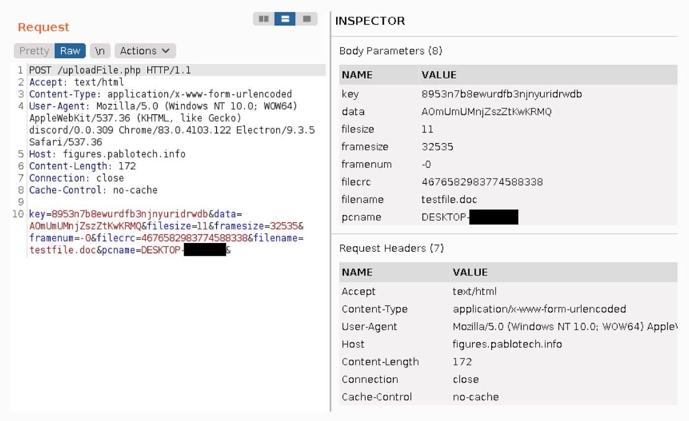 Screenshot of a web debugging proxy showing an HTTP POST request to uploadFile.php. The request body includes parameters such as filename testfile.doc, PC name, and encoded data. A matching inspector panel shows parsed parameter values.