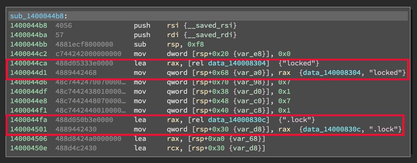Decompiled function with lines of assembly code showing the use of static string references to "locked" and ".lock". These are moved into memory, indicating creation of file indicators or tags.