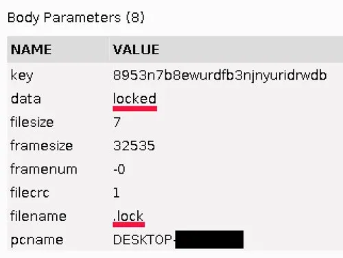 HTTP POST request inspector panel showing a data upload labeled locked with a .lock filename. Other parameters include a PC name and file size. This indicates the final stage of data exfiltration or tagging.